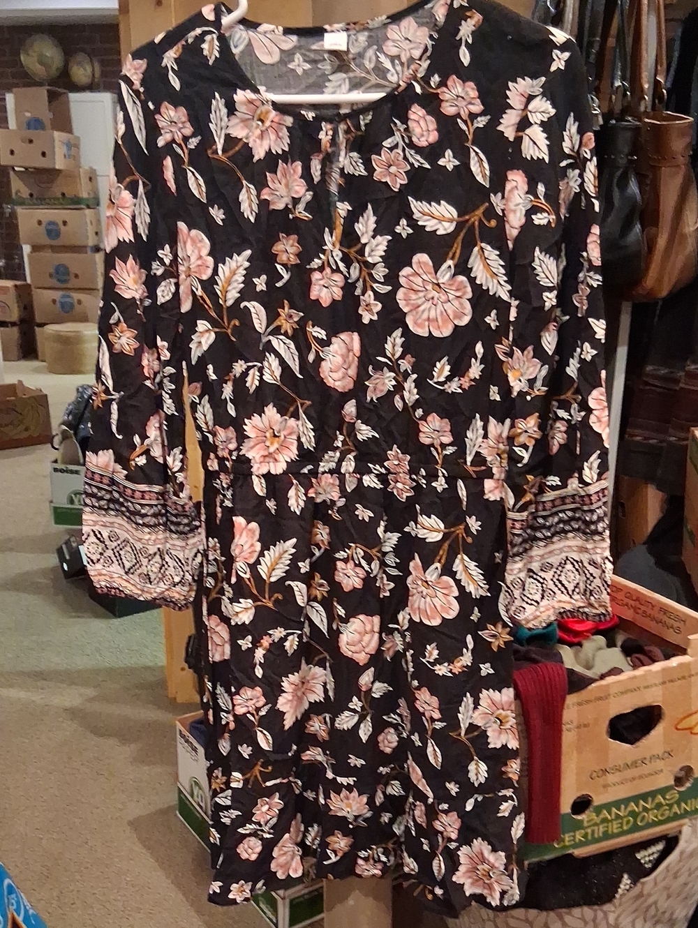Old Navy Black Long-Sleeve Dress with Pink Floral Print